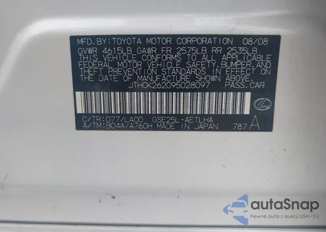 2009 Lexus Is 250 из США, поврежденный, VIN JTHCK262095028097